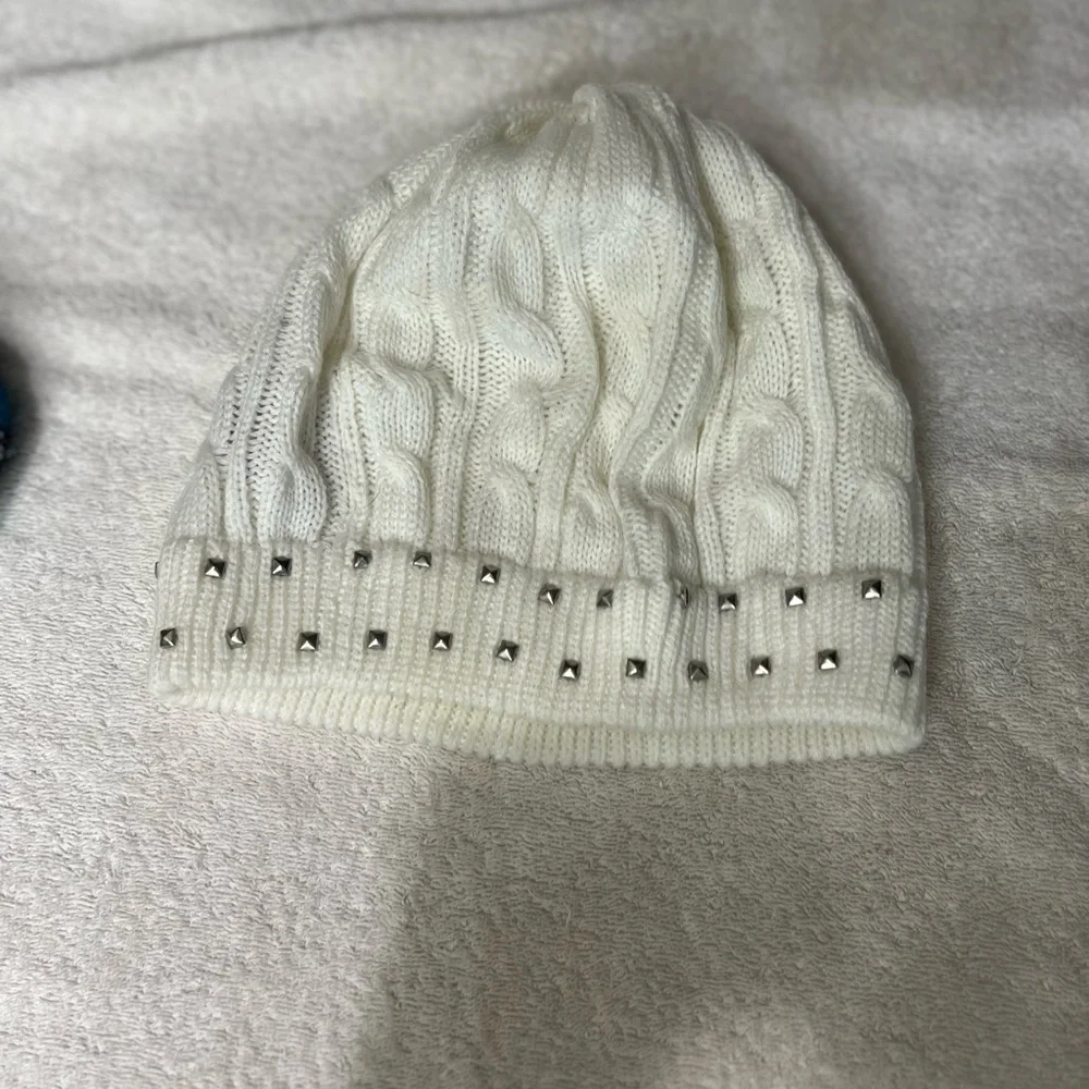 White Cable Knit Beanie Silver Studs Y2K Winter Hat One Size